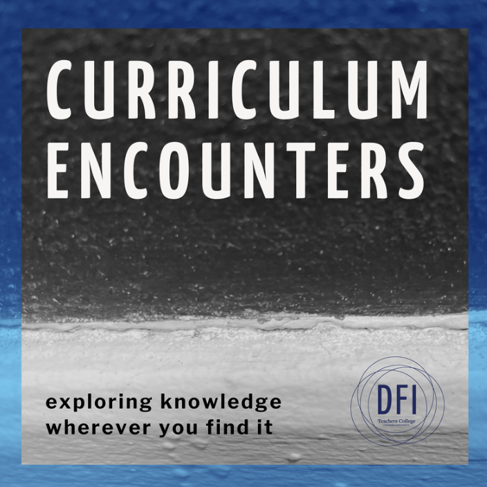 Curriculum Encounters podcast photo showing the title and slogan against a black and white background photo of water